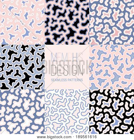 Memphis design patterns vector collection. Set of 8 seamless textures in trendy colors: pink powdery blue black. Stylish abstract hipster backgrounds. Repeat design for prints pattern, decor background texture, cover seamless pattern, banner pattern