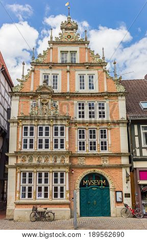 HAMELN, GERMANY - MAY 22, 2017: Decorated facade of the Leisthaus Museum in Hameln, Germany