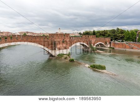 The Ponte Pietra (Stone Bridge) once known as the Pons Marmoreus is a Roman arch bridge crossing the Adige River in Verona Italy. The bridge was completed in 100 BC