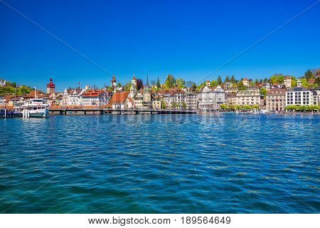 Harbor In Lucerne City With The View Of Lucerne Lake And Promenade.