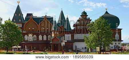 Moscow Russia - May 26? 2017: Kolomenskoe city park. Copy of the palace of the tsar Alexey Mikhaylovich Romanov. It is restored according to old drawings.