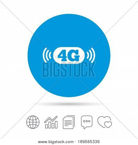 4G sign icon. Mobile telecommunications technology symbol. Copy files, chat speech bubble and chart web icons. Vector