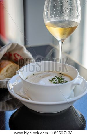 Chest nut soup with white truffle Chantilly and champagne