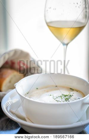 Chest nut soup with white truffle Chantilly and champagne