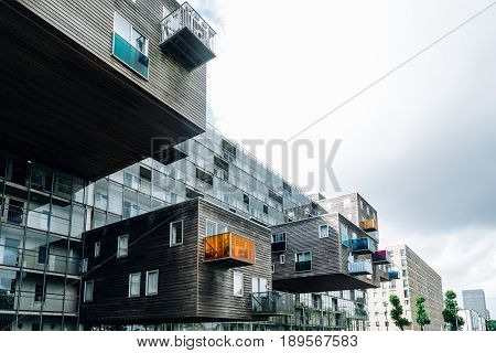 Amsterdam Netherlands - August 08 2016: WoZoCo is a project by MVRDV architects to provide 100 one-bedroom dwellings for seniors in Amsterdam. The building is known because of the extreme cantilever of some of the apartments and the variety of materials: