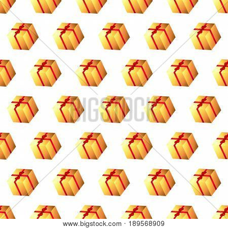 Seamless pattern for festive gift wrapping. A fun celebration. The tradition of giving gifts. Gold boxes with red ribbon.