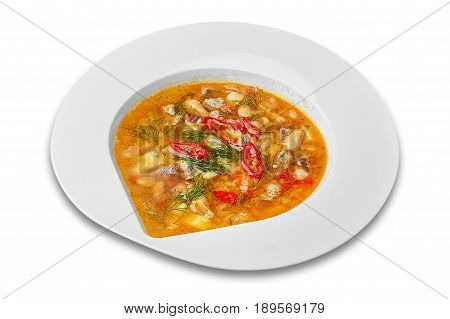 Soup kharcho with pepper on white background isolation