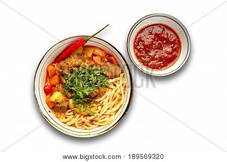 Lagman with sauce on white background isolation