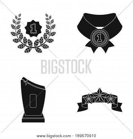 Winner for the first place in the competition, a crystal prize, a ribbon with the stars, a medal on the red ribbon.Awards and trophies set collection icons in black style vector symbol stock illustration .