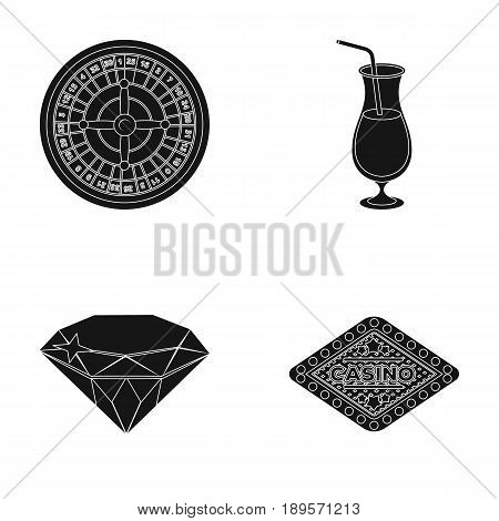 Roulette, a glass with a drink, a diamond, a sign with the inscription Casino. Casino and gambling set collection icons in black style vector symbol stock illustration .