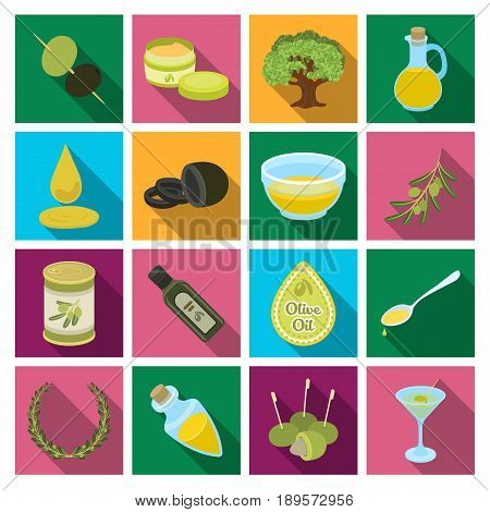 Olives, tree, branch and other products from olives.Olives set collection icons in flat style vector symbol stock illustration .