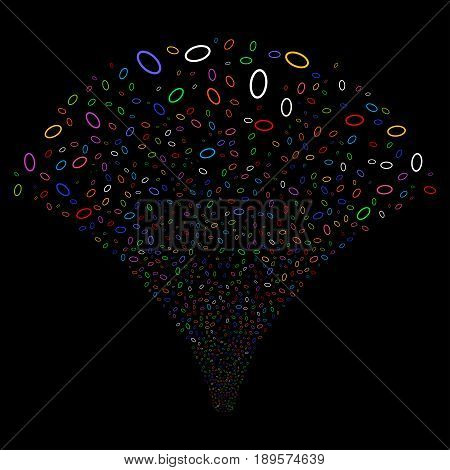Ellipse Bubble salute stream. Vector illustration style is flat bright multicolored iconic symbols on a black background. Object explosion fountain done from random icons.