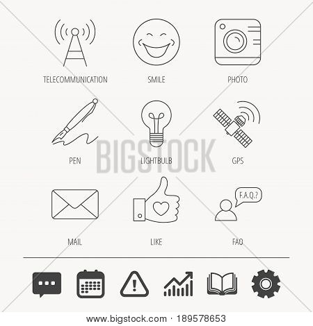 Mail, photo camera and lightbulb icons. Pen, GPS and telecommunication linear signs. FAQ, like and smile icons. Education book, Graph chart and Chat signs. Attention, Calendar and Cogwheel web icons