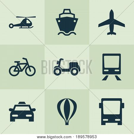 Transportation Icons Set. Collection Of Chopper, Omnibus, Tanker And Other Elements. Also Includes Symbols Such As Omnibus, Airship, Helicopter.