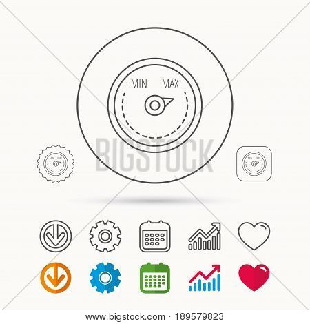 Heat regulator icon. Radiator thermometer sign. Calendar, Graph chart and Cogwheel signs. Download and Heart love linear web icons. Vector