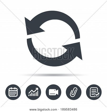 Update icon. Refresh or repeat symbol. Calendar, chart and checklist signs. Video camera and attach clip web icons. Vector