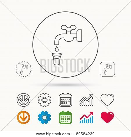Save water icon. Crane or Faucet with drop sign. Calendar, Graph chart and Cogwheel signs. Download and Heart love linear web icons. Vector