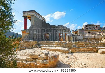 GRETE ISLAND, GREECE, SEP 12, 2012: Antique Knossos temple palace near to Heraklion. Palace of Minos Greek architecture. Greece mythology myths - Minotaur maze temple castle Greece island holidays