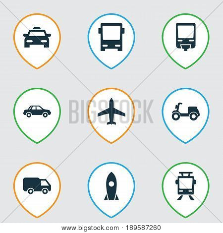 Transport Icons Set. Collection Of Aircraft, Omnibus, Streetcar And Other Elements. Also Includes Symbols Such As Autobus, Trolley, Truck.