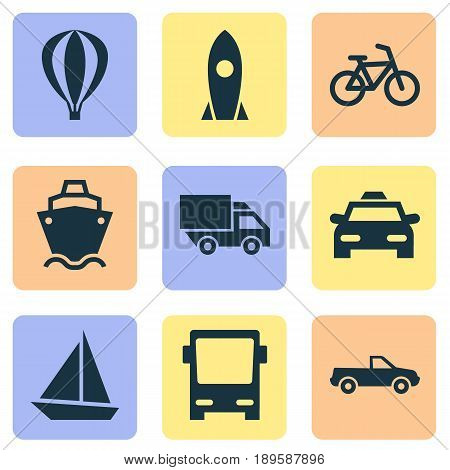 Transport Icons Set. Collection Of Airship, Bicycle, Omnibus And Other Elements. Also Includes Symbols Such As Airship, Camion, Omnibus.