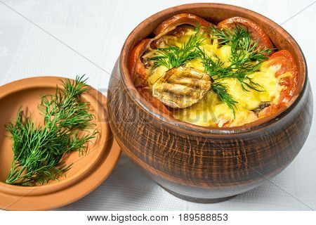 Tasty Breakfast. Pot With Potatoes, Cheese, Tomatoes, With Herbs. Horizontal Frame