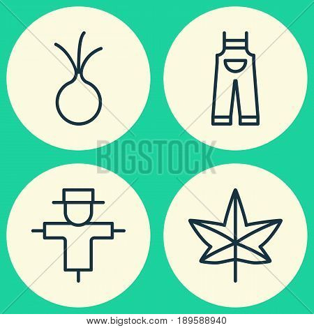 Gardening Icons Set. Collection Of Autumn Plant, Garlic, Bugbear And Other Elements. Also Includes Symbols Such As Overalls, Maple, Vegetable.