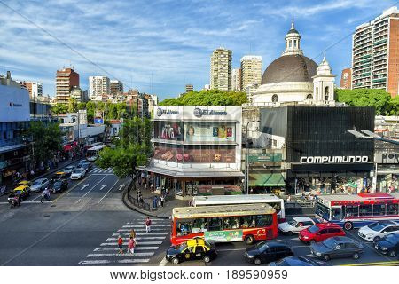 Buenos Aires Argentina - 17 Mar 2016: Aerial daytime view of the Cabildo Avenue and dome of the Parish of the Immaculate Conception with traffic.
