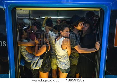 Buenos Aires Argentina - April 1 2017: Passengers standing in a train carriage during a rush hour at the Belgrano C station.