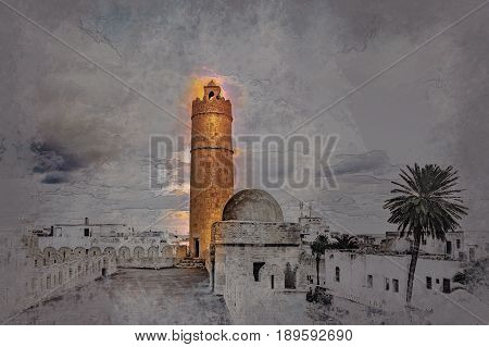 View from the walls of the fortress of Ribat of Sousse in Tunisia. Medieval architecture in sunset light.