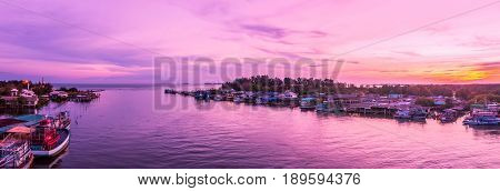 Panorama Prasae Gulf views at dusk. Prasae a Gulf fishing communities with ancient civilizations. Tourism is one of Rayong province Thailand.