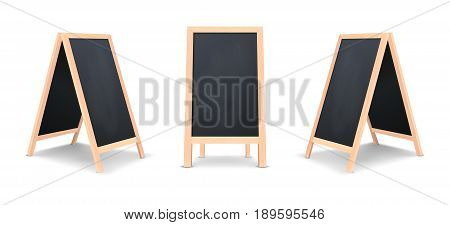 Realistic special menu announcement board icon set. Vector clean restaurant outdoor blackboard background. Mockup of chalkboard for restaurant menu, isolated on white background. Design template in front and side view. EPS10 illustration.