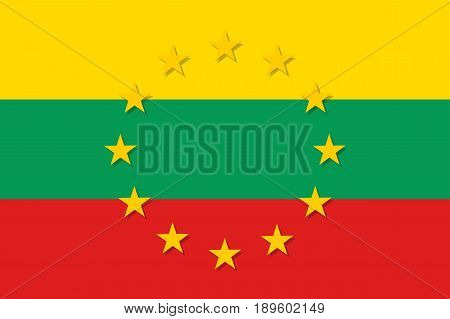 Lithuania national flag with a circle of European Union twelve gold stars, ideals of unity with EU, member since1 May 2004. Vector flat style illustration