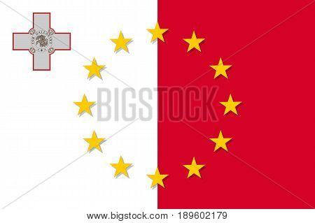 Malta national flag with a circle of European Union twelve gold stars, identity and unity with EU, member since 1 May 2004. Vector flat style illustration