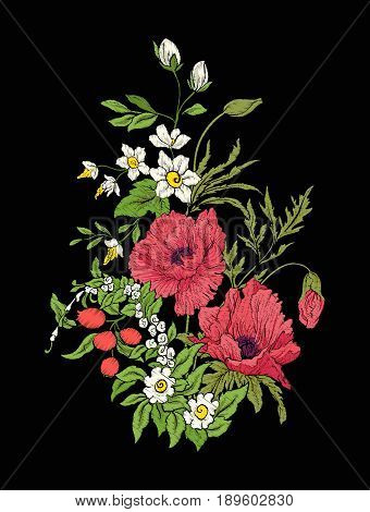 Embroidery vintage flowers bouquet of poppy, daffodil, anemone, violet in botanical style on black background. Stock vector illustration.