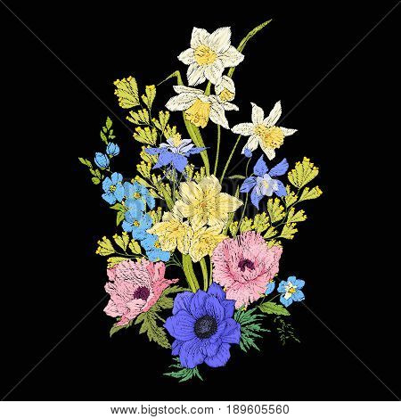 Embroidery vintage flowers bouquet of poppy, daffodil, anemone, violet in botanical style on black background. Stock vector illustration.