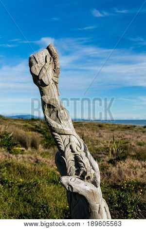 Some wonderful beach maori carving at Otaki Beach.