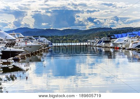 Blue Covers Boardwalk Marina Piers Boats Reflection Lake Coeur d' Alene Idaho