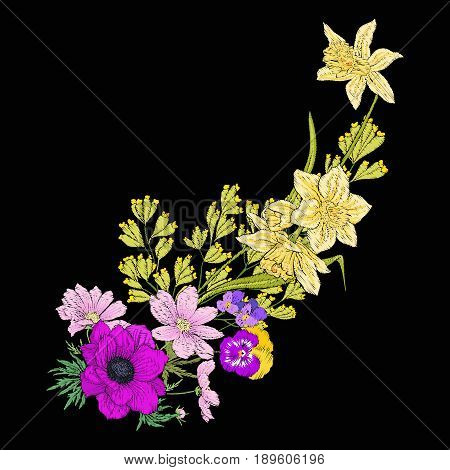 Embroidery vintage flowers bouquet of poppy, daffodil, anemone, violet in botanical style on black background. Stock vector illustration.