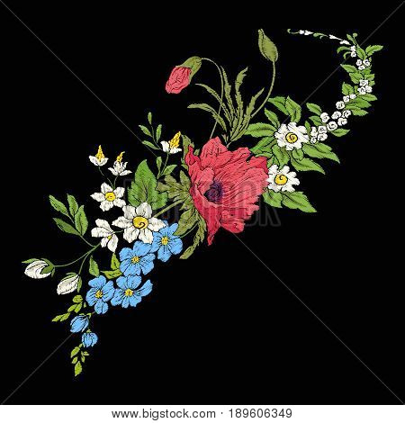 Embroidery vintage flowers bouquet of poppy, daffodil, anemone, violet in botanical style on black background. Stock vector illustration.