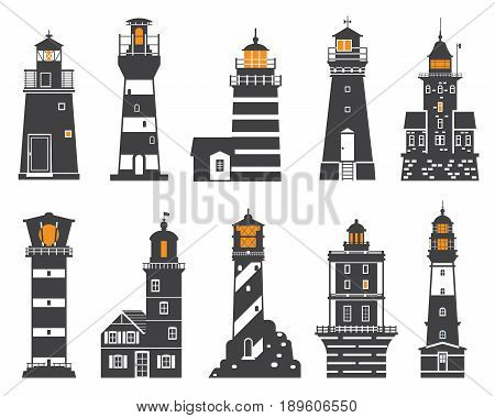 Monochrome lighthouse icon set. Different sea guiding light houses buildings. Sea pharos or beacon collection isolated on white background. Searchlight tower icons of various types in outline design.