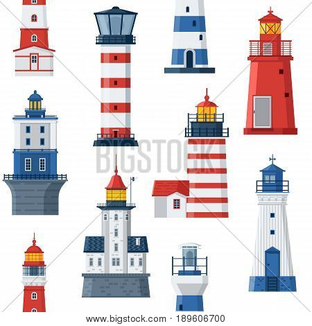 Cartoon lighthouse pattern. Red and blue sea guiding light houses seamless background. Sea pharos or beacon maritime backdrop. Vector searchlight towers of different types.