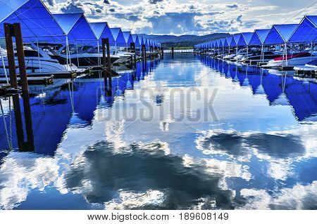 Blue Covers Boardwalk Marina Piers Boats Reflection Lake Coeur d' Alene Idaho