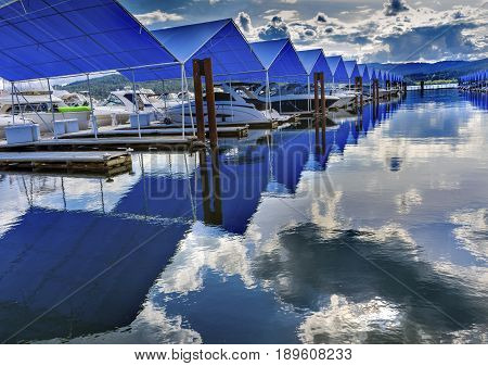 Blue Covers Boardwalk Marina Piers Boats Reflection Lake Coeur d' Alene Idaho