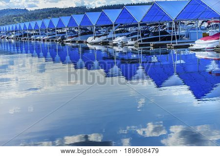 Blue Covers Boardwalk Marina Piers Boats Reflection Lake Coeur d' Alene Idaho