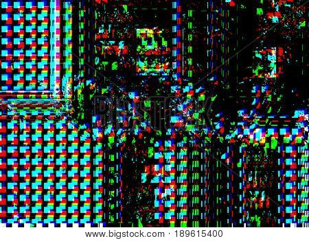 Glitch psychedelic background. Old TV screen error. Digital pixel noise abstract design. Broken pixels glitch. Television signal fail. Technical problem grunge wallpaper. Colorful noise rerto