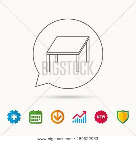 Table icon. Furniture desk sign. Calendar, Graph chart and Cogwheel signs. Download and Shield web icons. Vector
