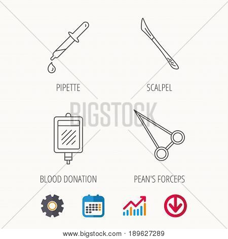 Blood donation, scalpel and pipette icons. Peans forceps linear sign. Calendar, Graph chart and Cogwheel signs. Download colored web icon. Vector