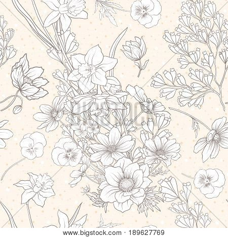 Seamless pattern with poppy flowers, daffodils, anemones, violets in botanical vintage style. On beige background . Stock line vector illustration.