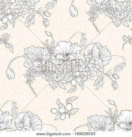 Seamless pattern with poppy flowers, daffodils, anemones, violets in botanical vintage style. On beige background . Stock line vector illustration.