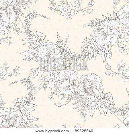 Seamless pattern with poppy flowers, daffodils, anemones, violets in botanical vintage style. On beige background . Stock line vector illustration.